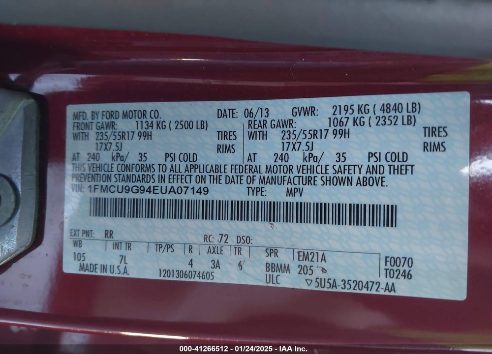 2014 FORD ESCAPE VIN: 1FMCU9G94EUA07149