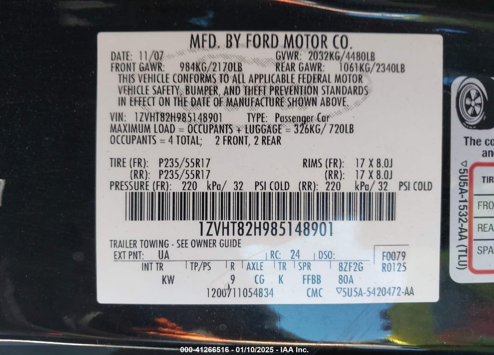 2008 FORD MUSTANG GT DELUXE/GT PREMIUM VIN: 1ZVHT82H985148901