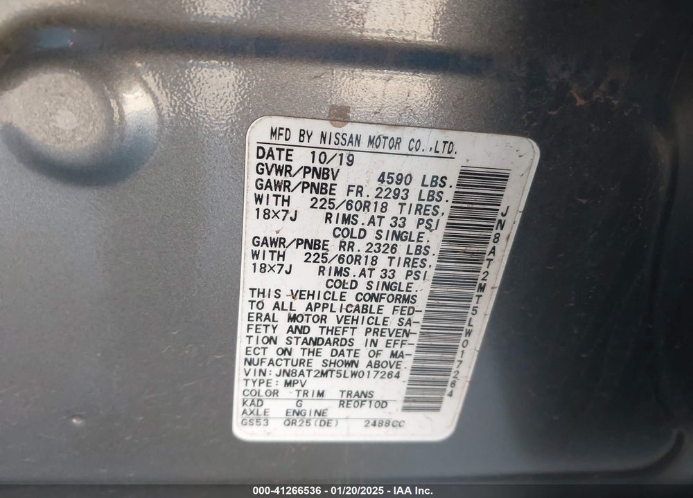 2020 NISSAN ROGUE SV FWD VIN: JN8AT2MT5LW017264