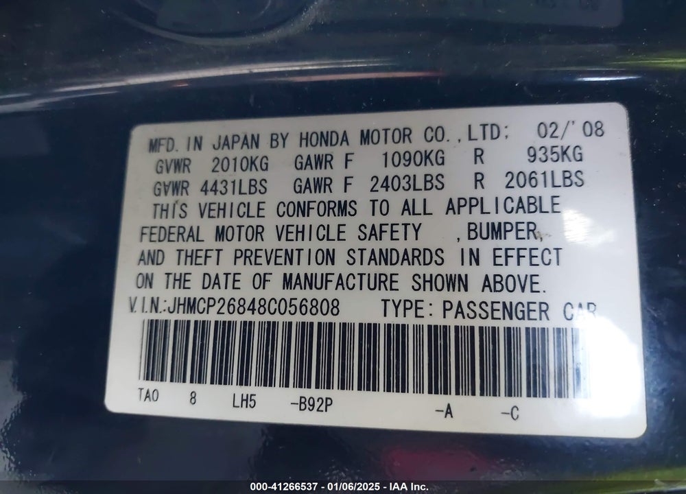 2008 HONDA ACCORD 2.4 EX-L VIN: JHMCP26848C056808