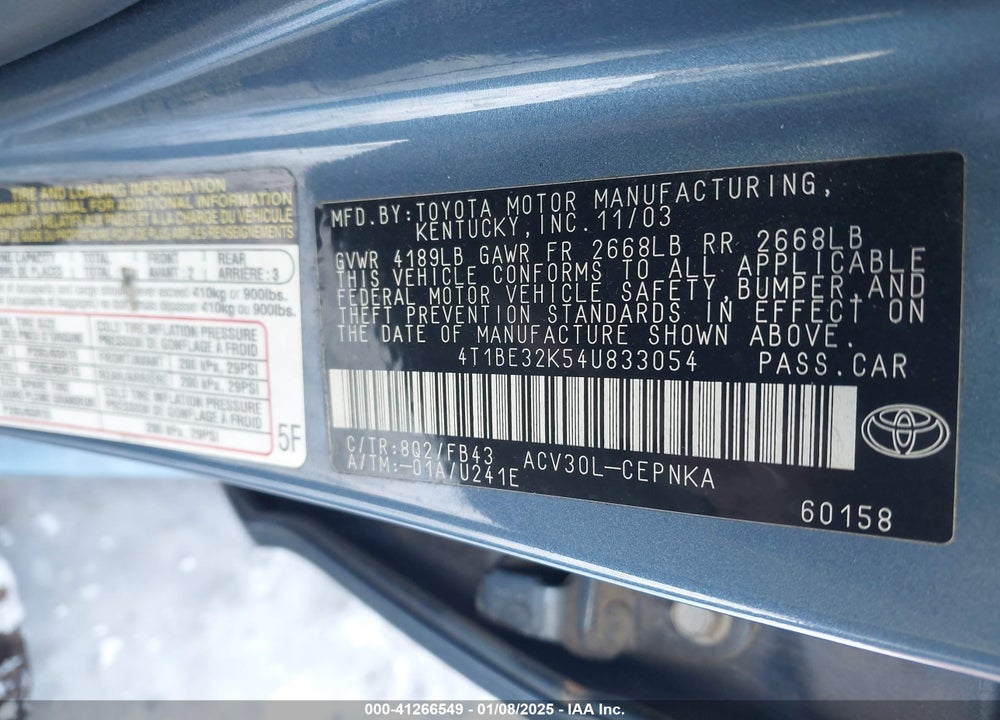 2004 TOYOTA CAMRY LE VIN: 4T1BE32K54U833054