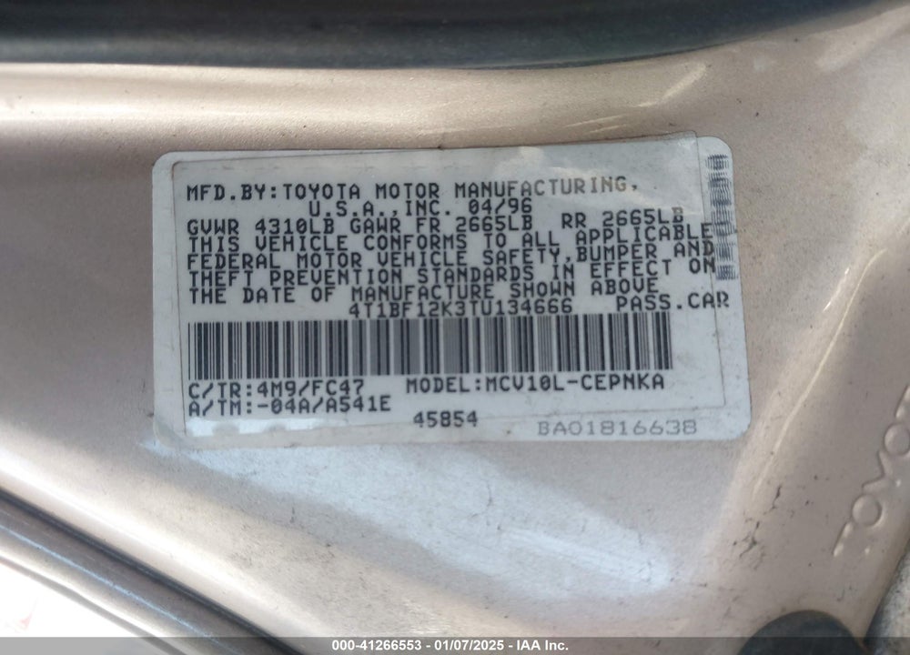 1996 TOYOTA CAMRY VIN: 4T1BF12K3TU134666