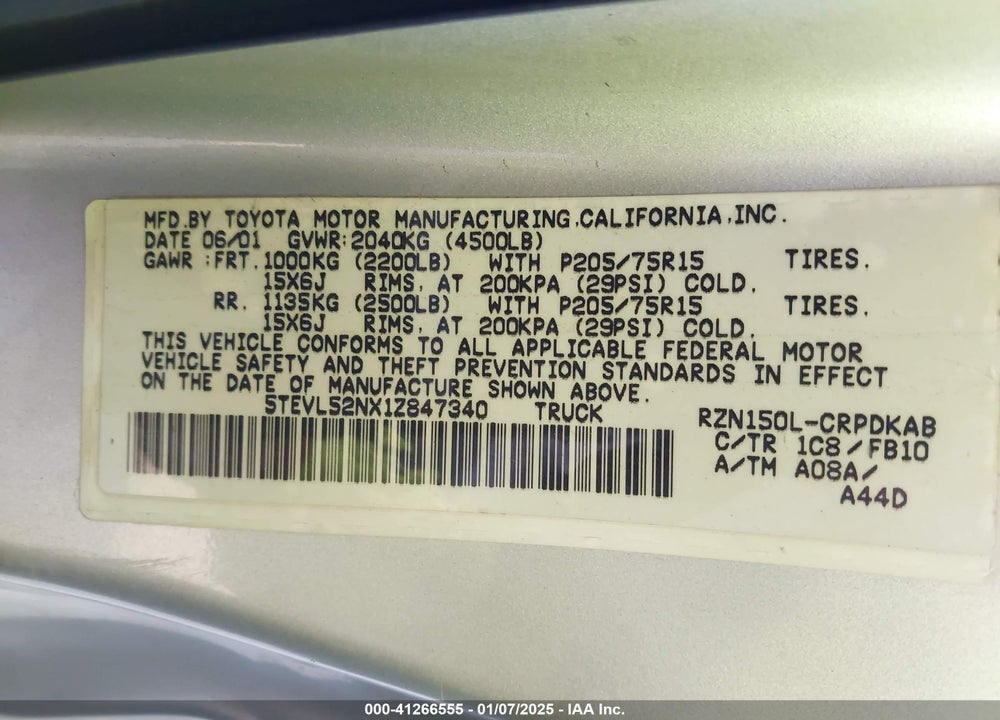 2001 TOYOTA TACOMA VIN: 5TEVL52NX1Z847340