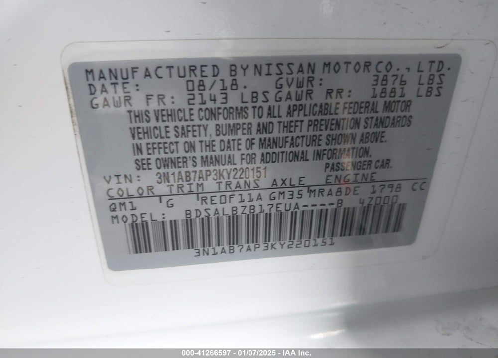 2019 NISSAN SENTRA VIN: 3N1AB7AP3KY220151