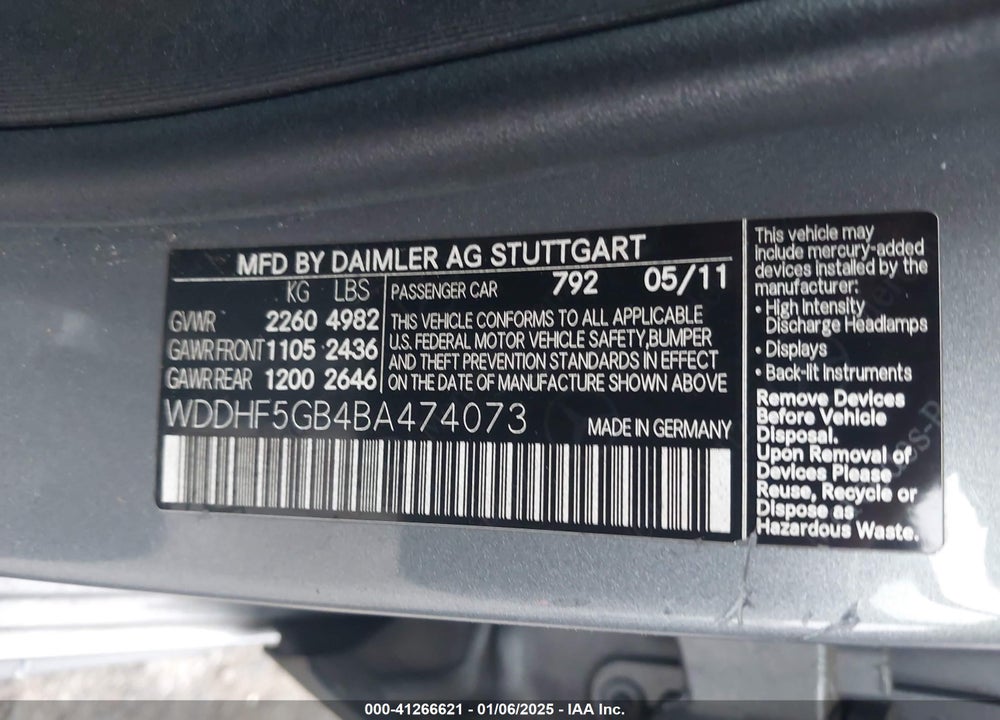 2011 MERCEDES-BENZ E 350 VIN: WDDHF5GB4BA474073