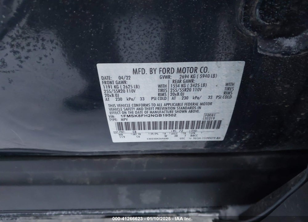 2022 FORD EXPLORER LIMITED VIN: 1FMSK8FH2NGB19502
