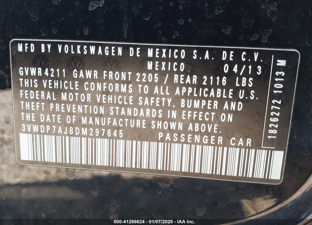 2013 VOLKSWAGEN JETTA 2.5L SE VIN: 3VWDP7AJ8DM297645