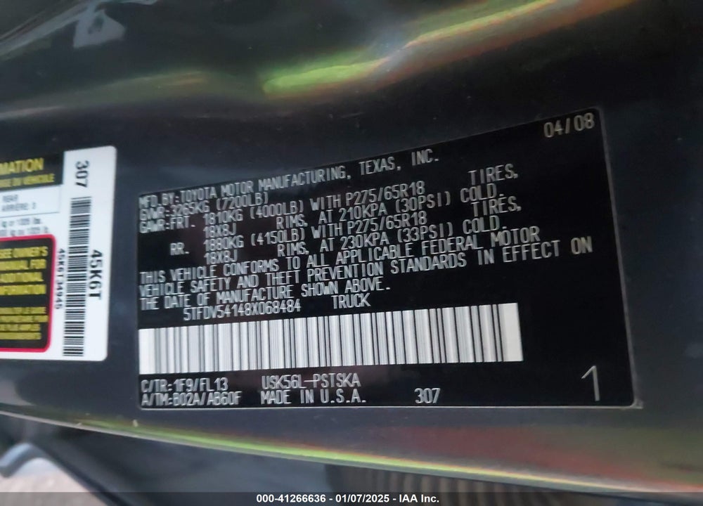 2008 TOYOTA TUNDRA VIN: 5TFDV54148X068484