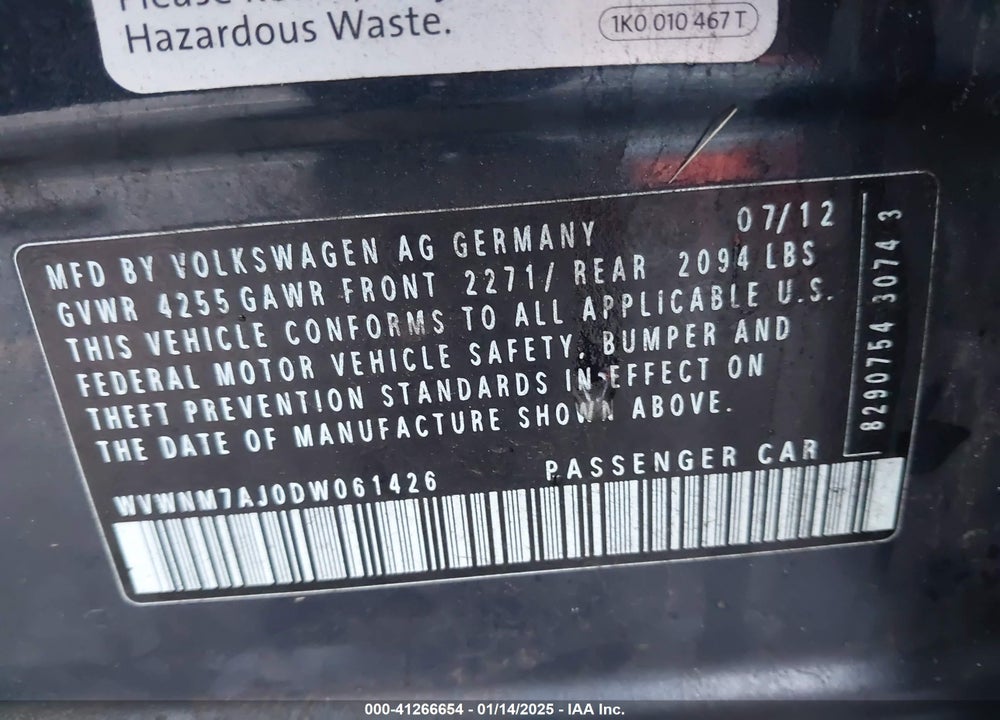 2013 VOLKSWAGEN GOLF 2.0L TDI 4-DOOR VIN: WVWNM7AJ0DW061426
