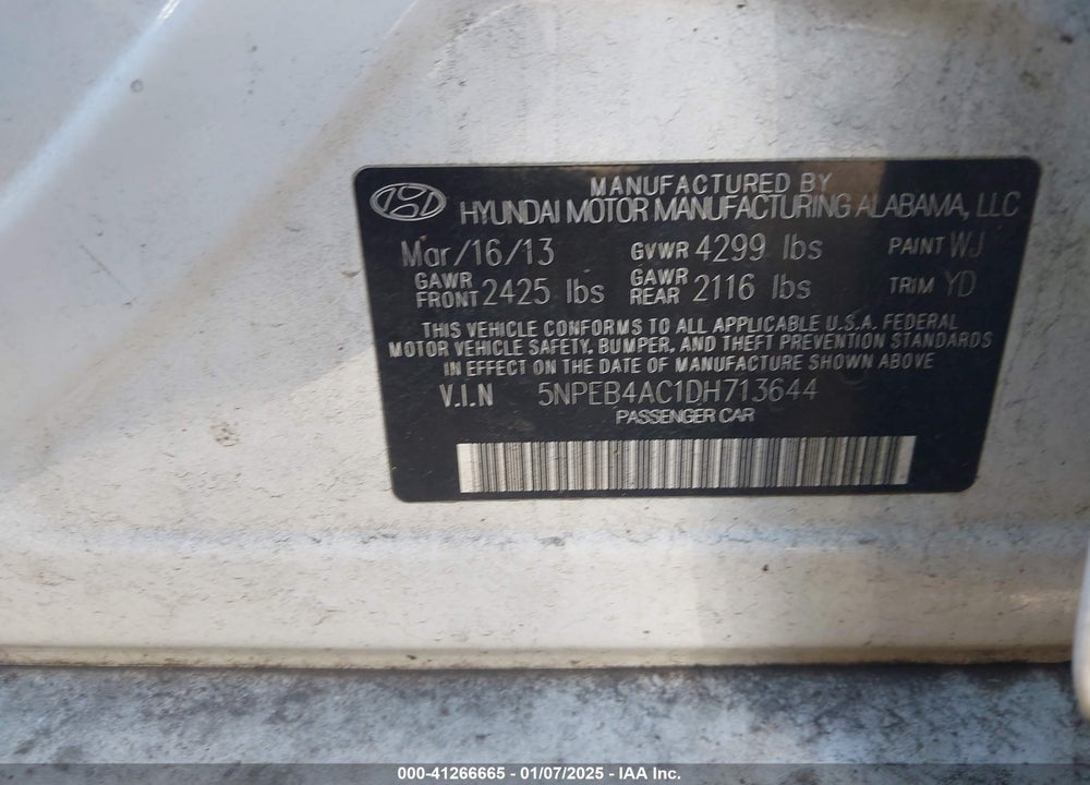 2013 HYUNDAI SONATA VIN: 5NPEB4AC1DH713644