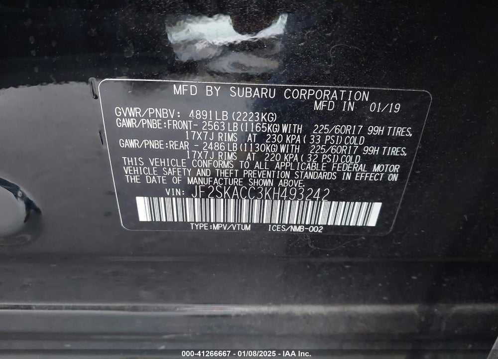 2019 SUBARU FORESTER VIN: JF2SKACC3KH493242