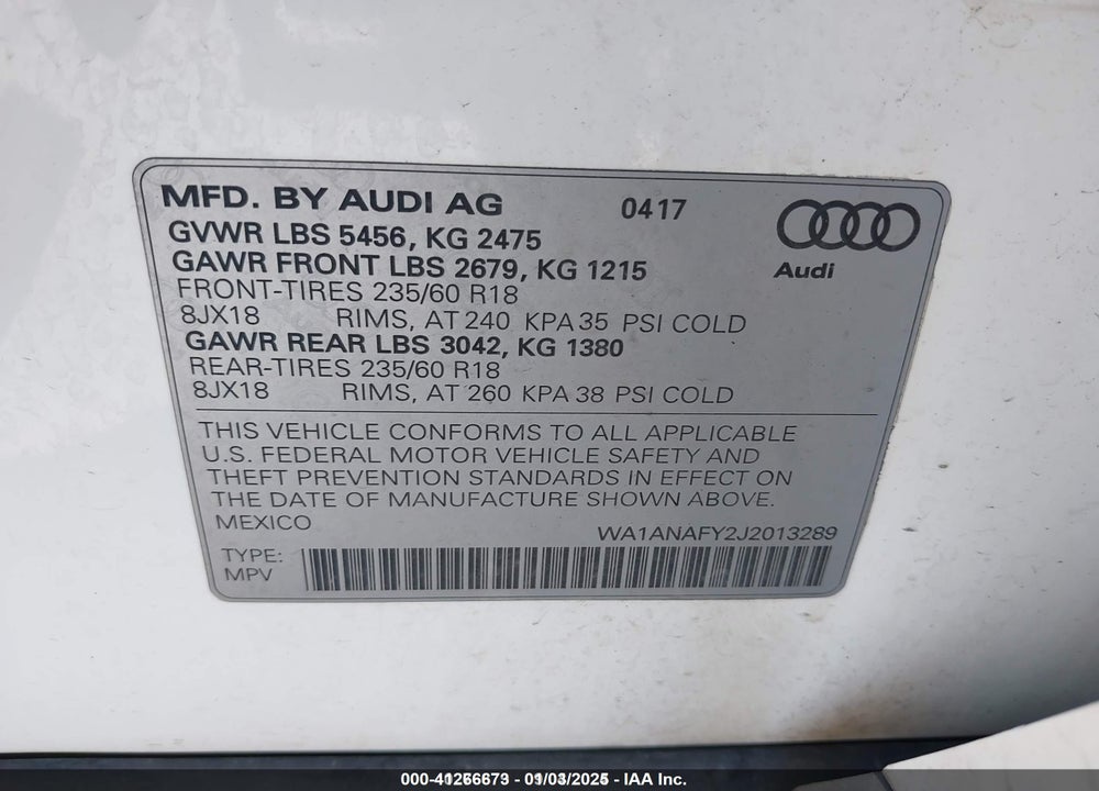 2018 AUDI Q5 2.0T PREMIUM/2.0T TECH PREMIUM VIN: WA1ANAFY2J2013289