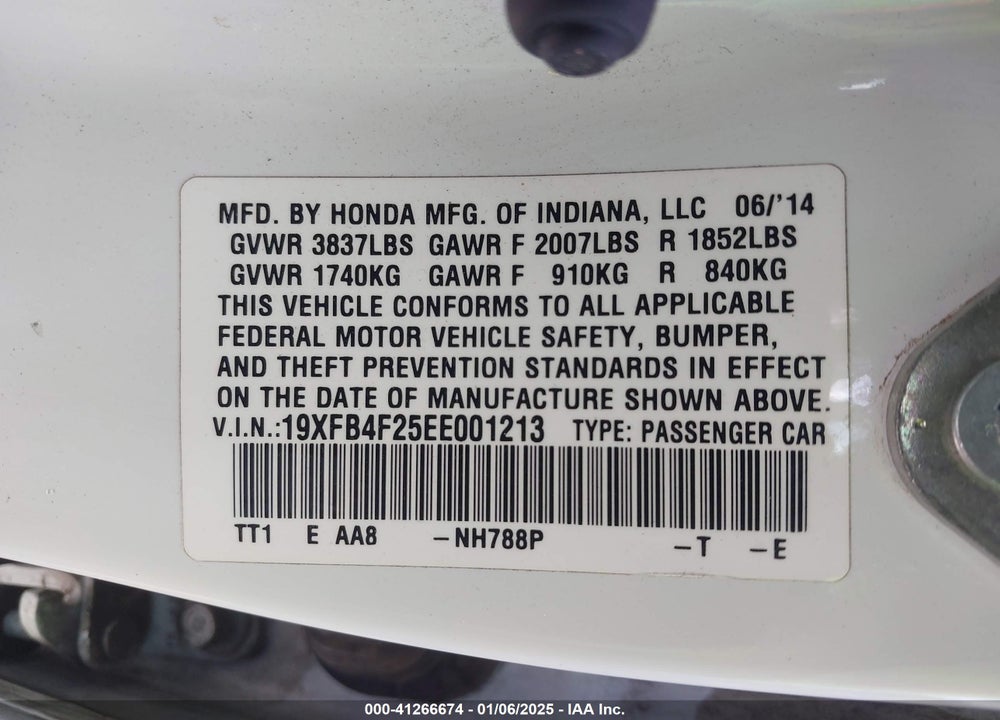 2014 HONDA CIVIC HYBRID VIN: 19XFB4F25EE001213