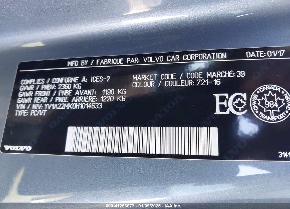 2017 VOLVO S90 VIN: YV1A22MK0H1014633