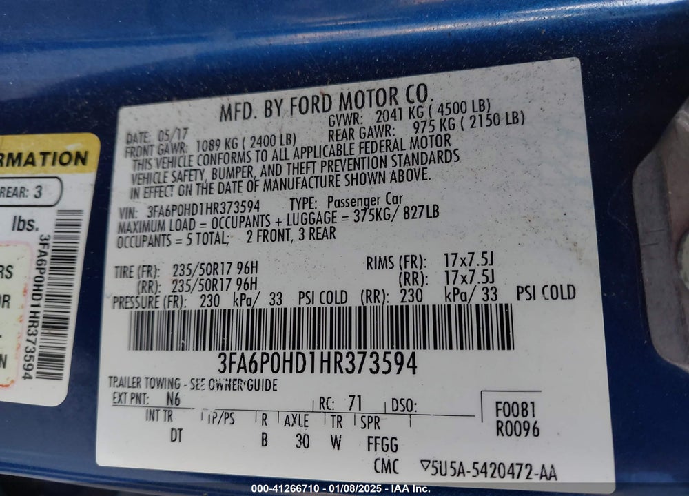 2017 FORD FUSION VIN: 3FA6P0HD1HR373594
