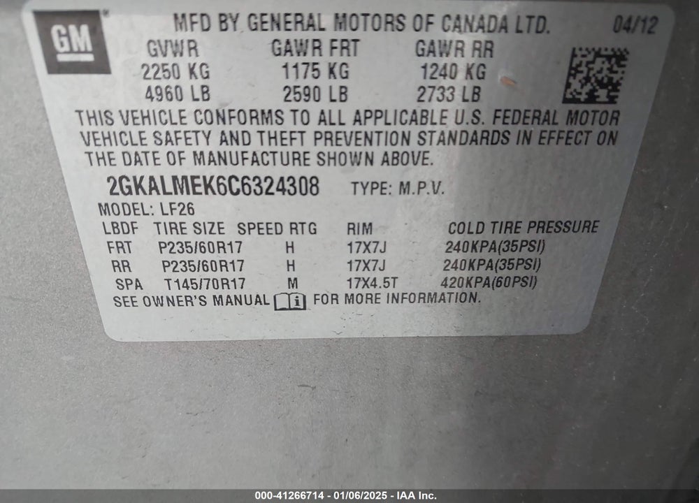 2012 GMC TERRAIN SLE-1 VIN: 2GKALMEK6C6324308