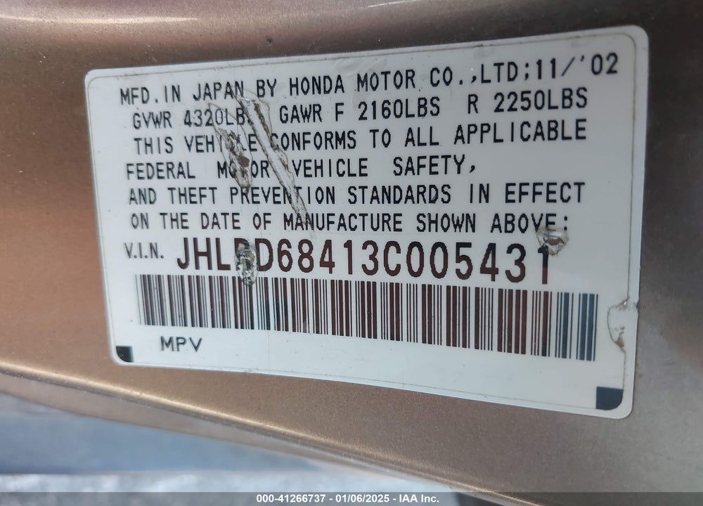 2003 HONDA CR-V LX VIN: JHLRD68413C005431