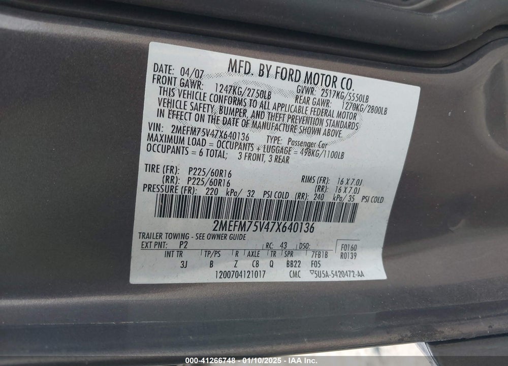 2007 MERCURY GRAND MARQUIS LS VIN: 2MEFM75V47X640136