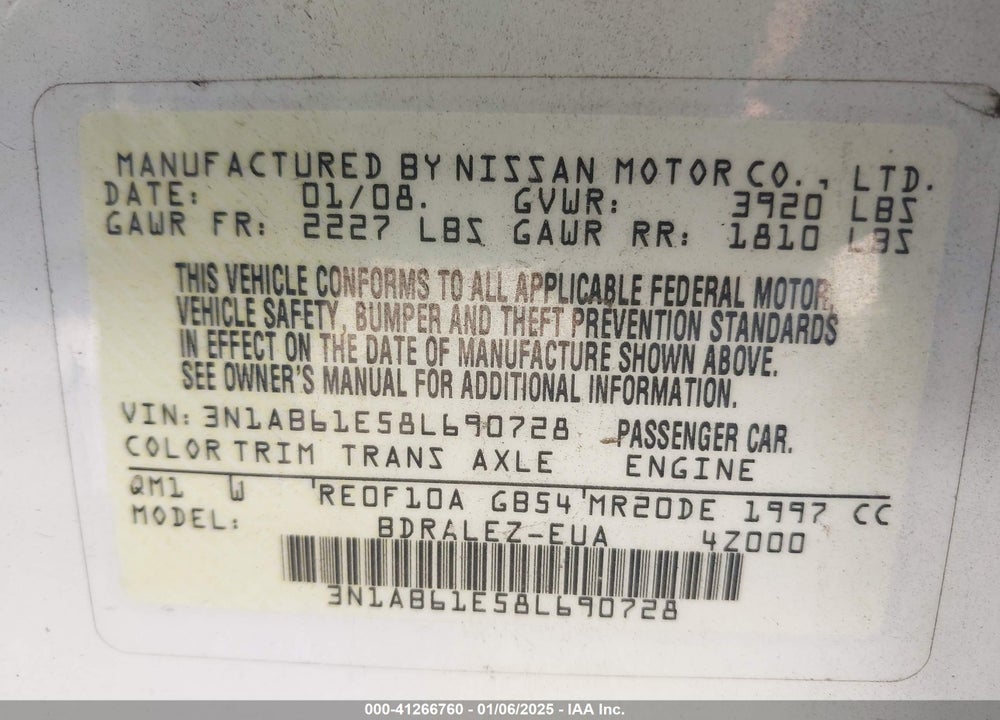 2008 NISSAN SENTRA VIN: 3N1AB61E58L690728