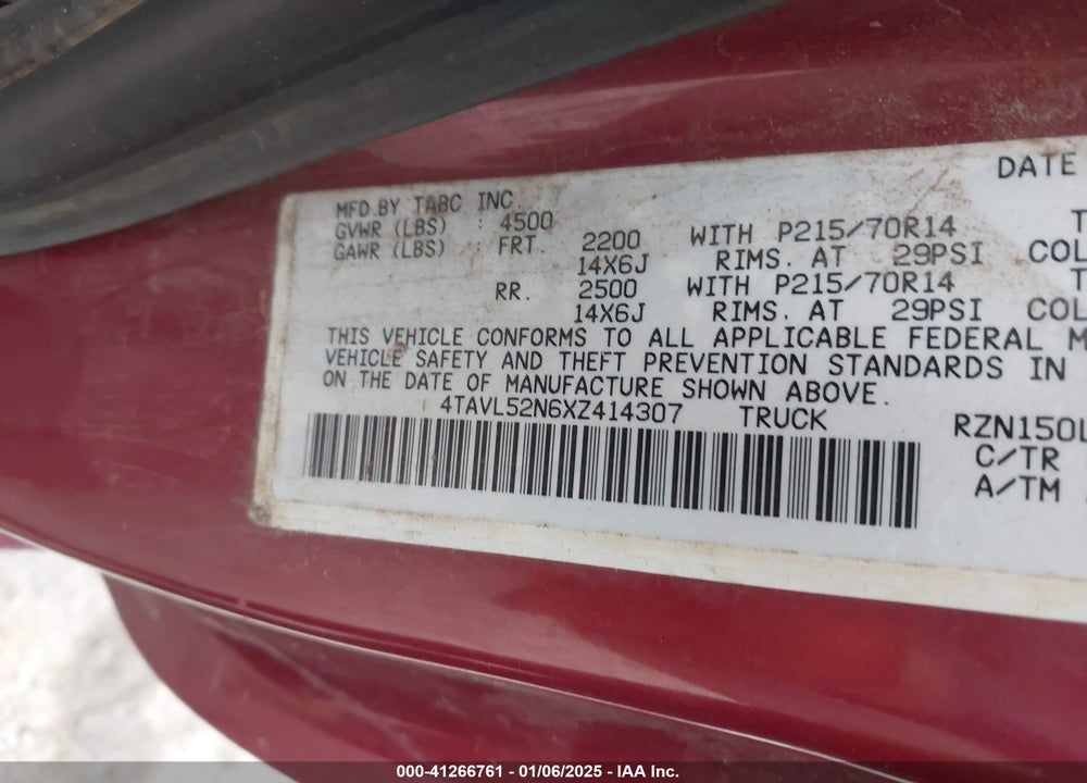 1999 TOYOTA TACOMA VIN: 4TAVL52N6XZ414307