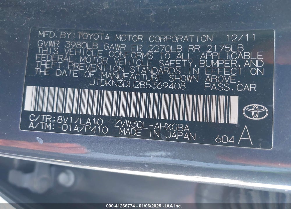 2011 TOYOTA PRIUS FOUR VIN: JTDKN3DU2B5369408