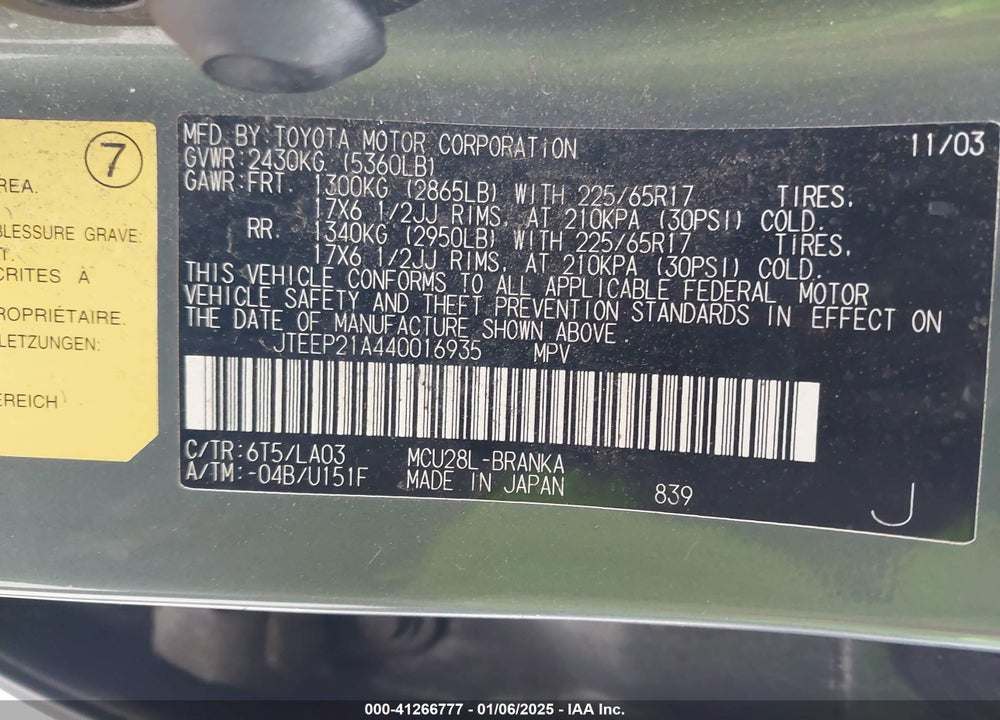 2004 TOYOTA HIGHLANDER LIMITED V6 VIN: JTEEP21A440016935