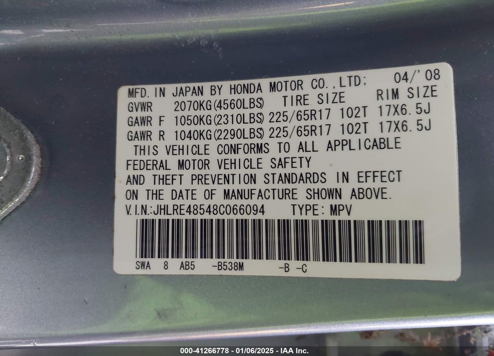 2008 HONDA CR-V EX VIN: JHLRE48548C066094