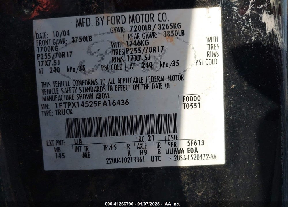 2005 FORD F-150 FX4/LARIAT/XL/XLT VIN: 1FTPX14525FA16436