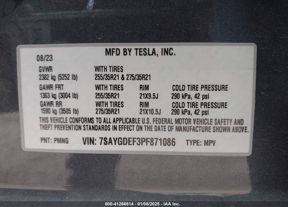 2023 TESLA MODEL Y VIN: 7SAYGDEF3PF871086