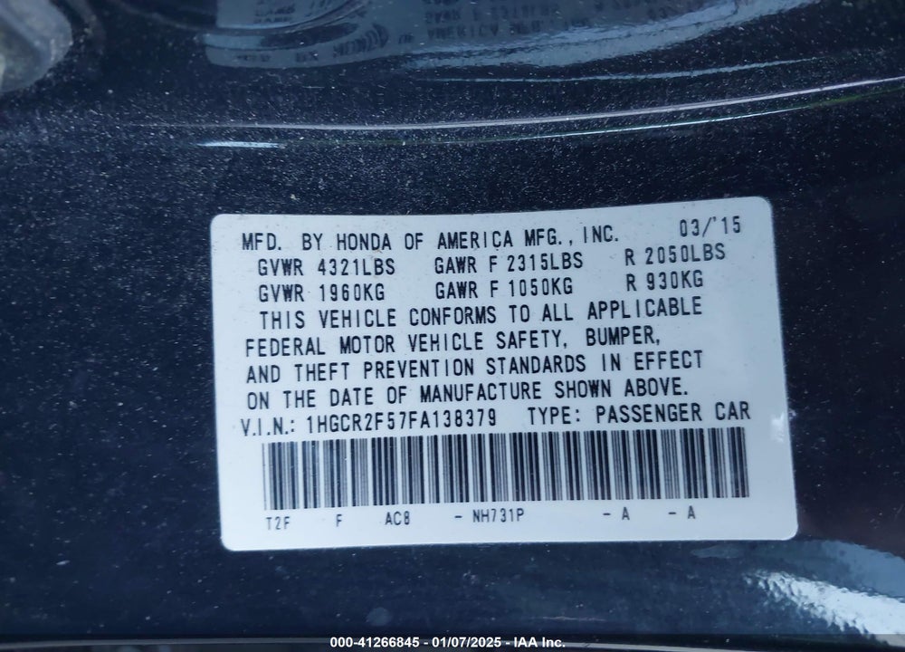 2015 HONDA ACCORD SEDAN VIN: 1HGCR2F57FA138379
