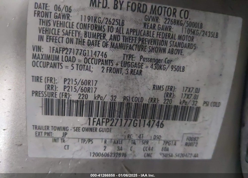 2007 FORD FIVE HUNDRED VIN: 1FAFP27177G114746