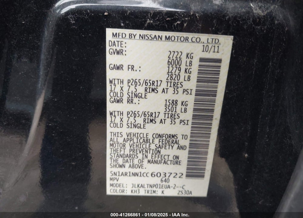 2012 NISSAN PATHFINDER VIN: 5N1AR1NN1CC603722