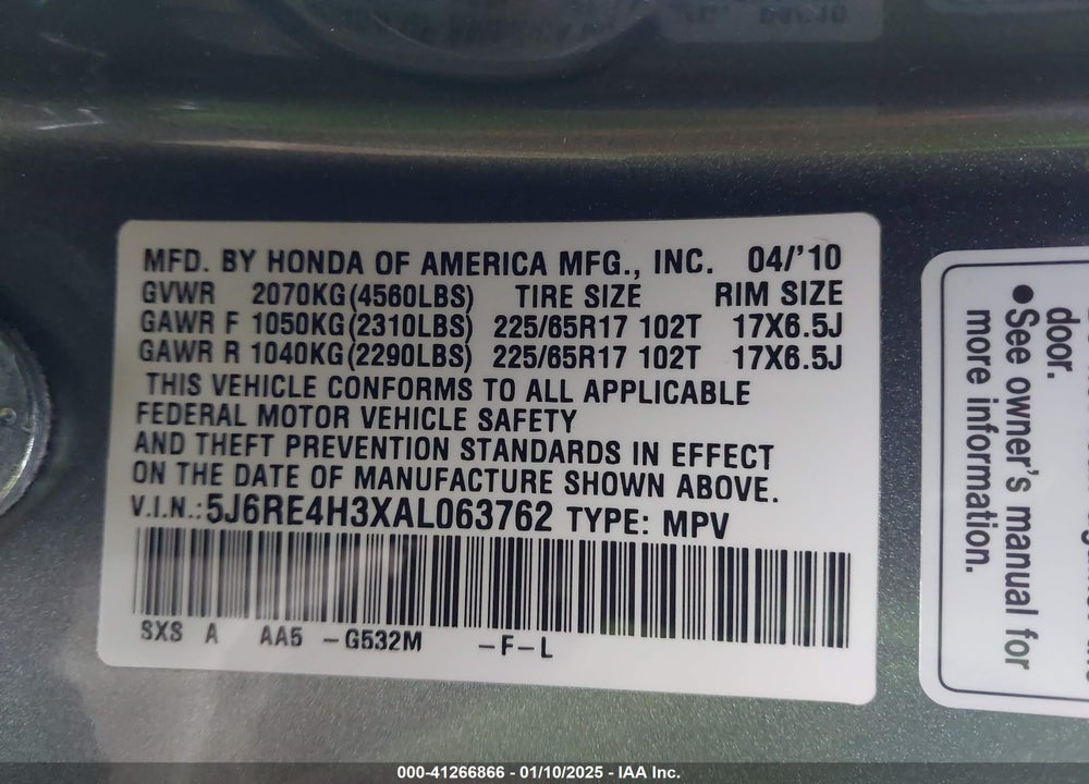 2010 HONDA CR-V LX VIN: 5J6RE4H3XAL063762