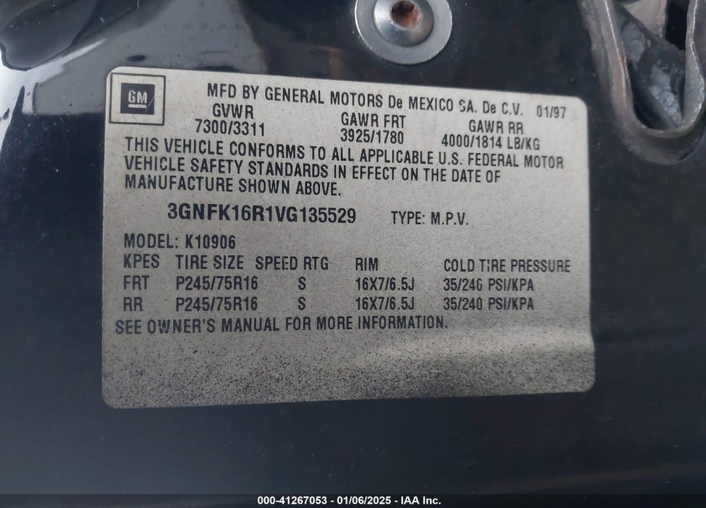 1997 CHEVROLET SUBURBAN LT VIN: 3GNFK16R1VG135529
