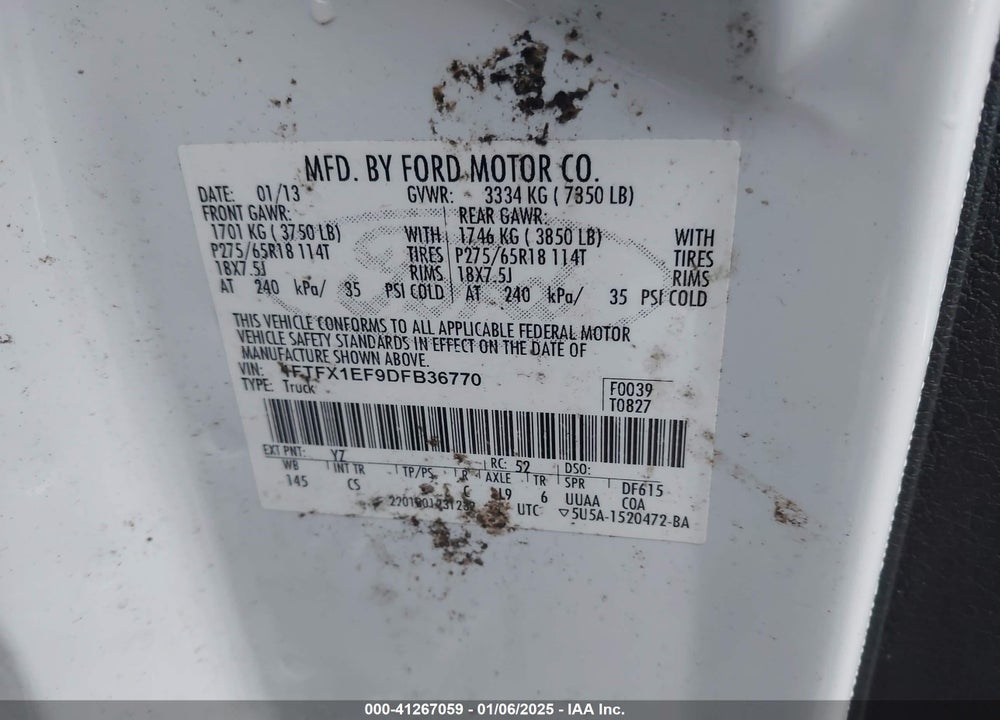 2013 FORD F-150 VIN: 1FTFX1EF9DFB36770