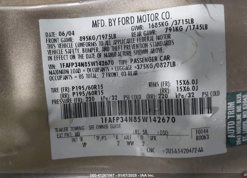 2005 FORD FOCUS ZX4 VIN: 1FAFP34N85W142670