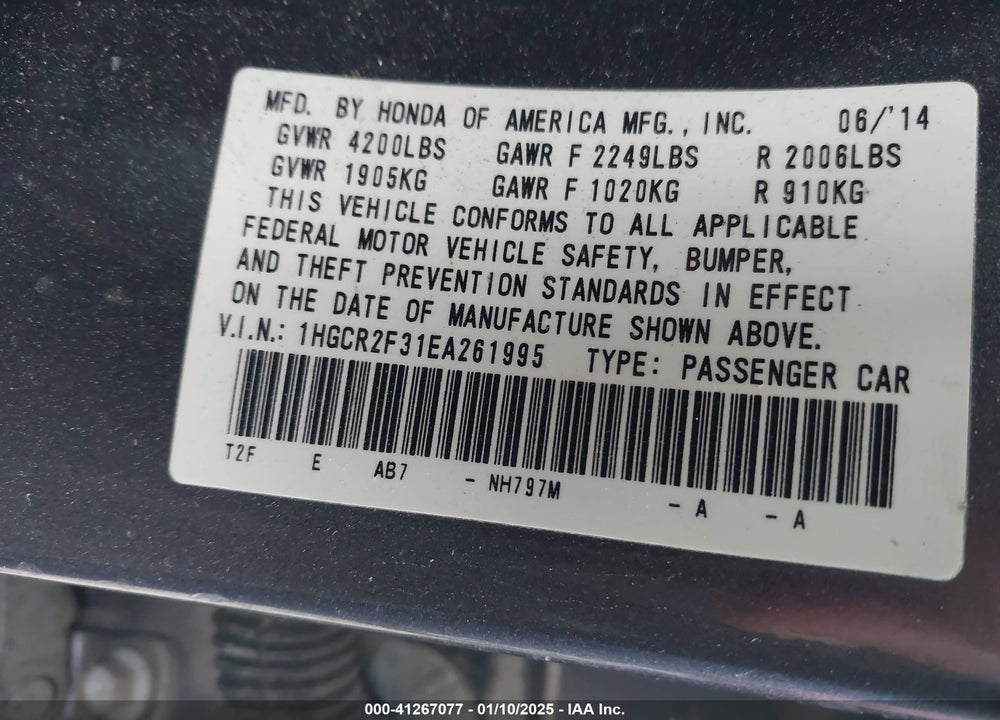 2014 HONDA ACCORD VIN: 1HGCR2F31EA261995