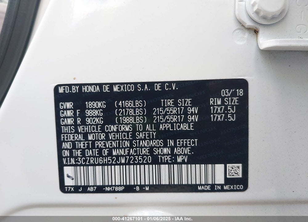 2018 HONDA HR-V EX VIN: 3CZRU6H52JM723520
