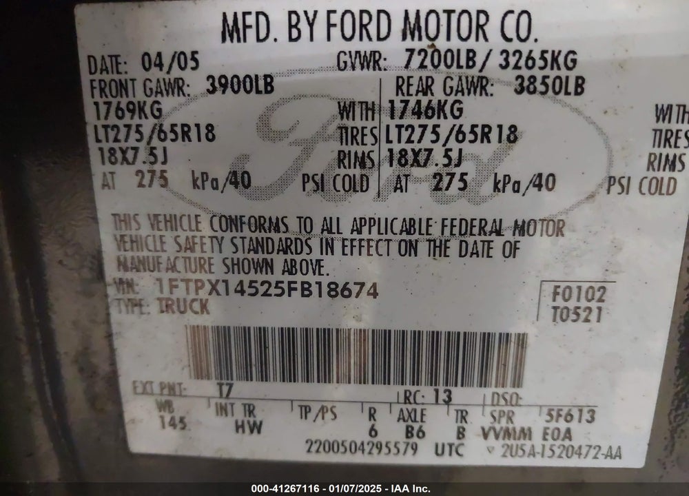 2005 FORD F-150 FX4/LARIAT/XL/XLT VIN: 1FTPX14525FB18674