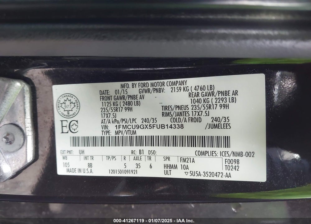 2015 FORD ESCAPE SE VIN: 1FMCU9GX5FUB14338