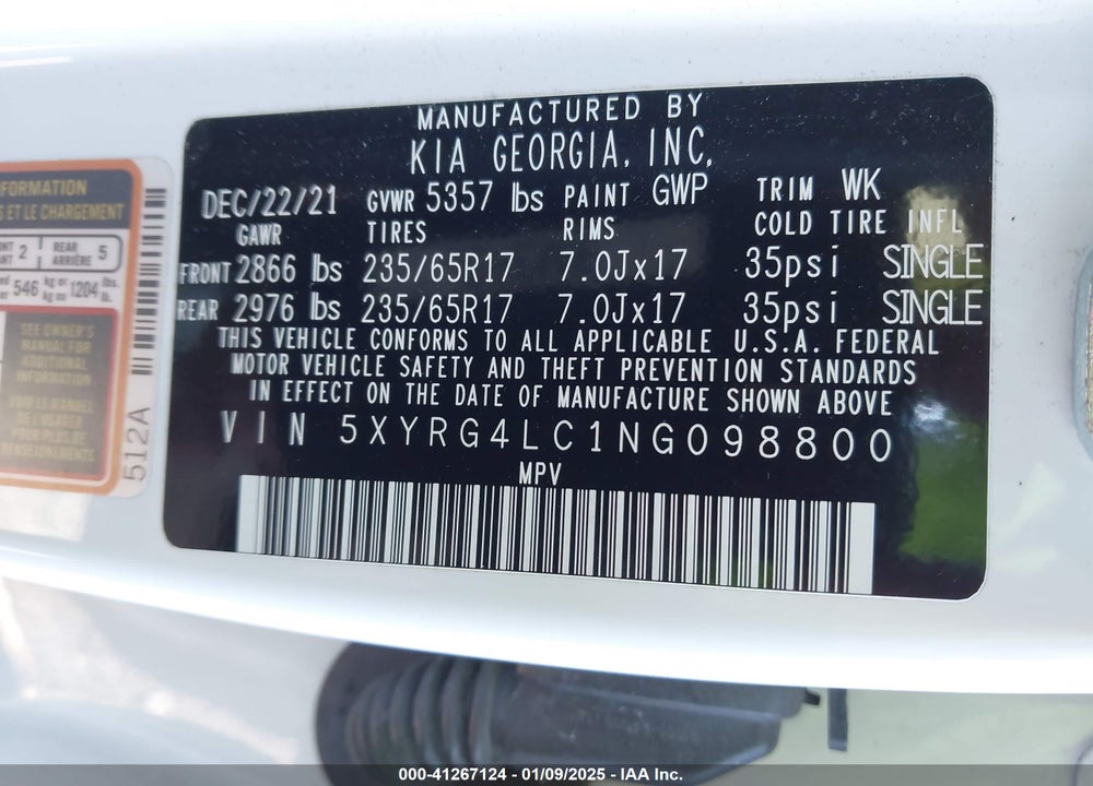 2022 KIA SORENTO LX VIN: 5XYRG4LC1NG098800