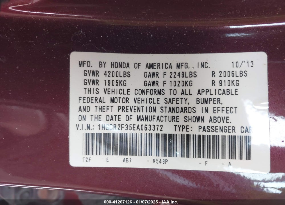 2014 HONDA ACCORD VIN: 1HGCR2F35EA063372