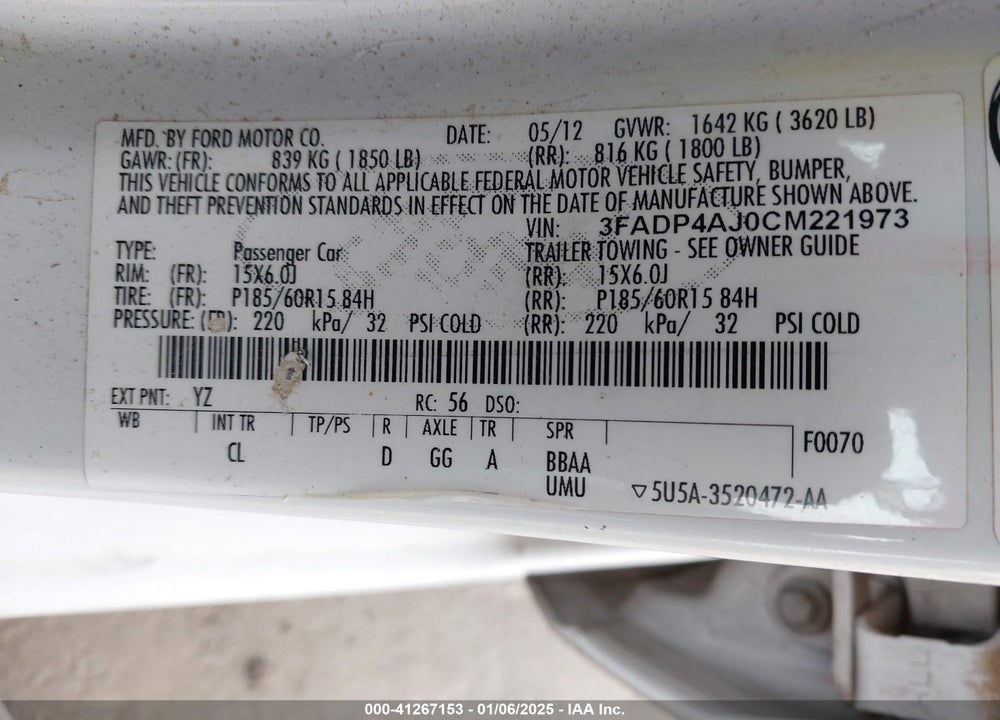 2012 FORD FIESTA S VIN: 3FADP4AJ0CM221973