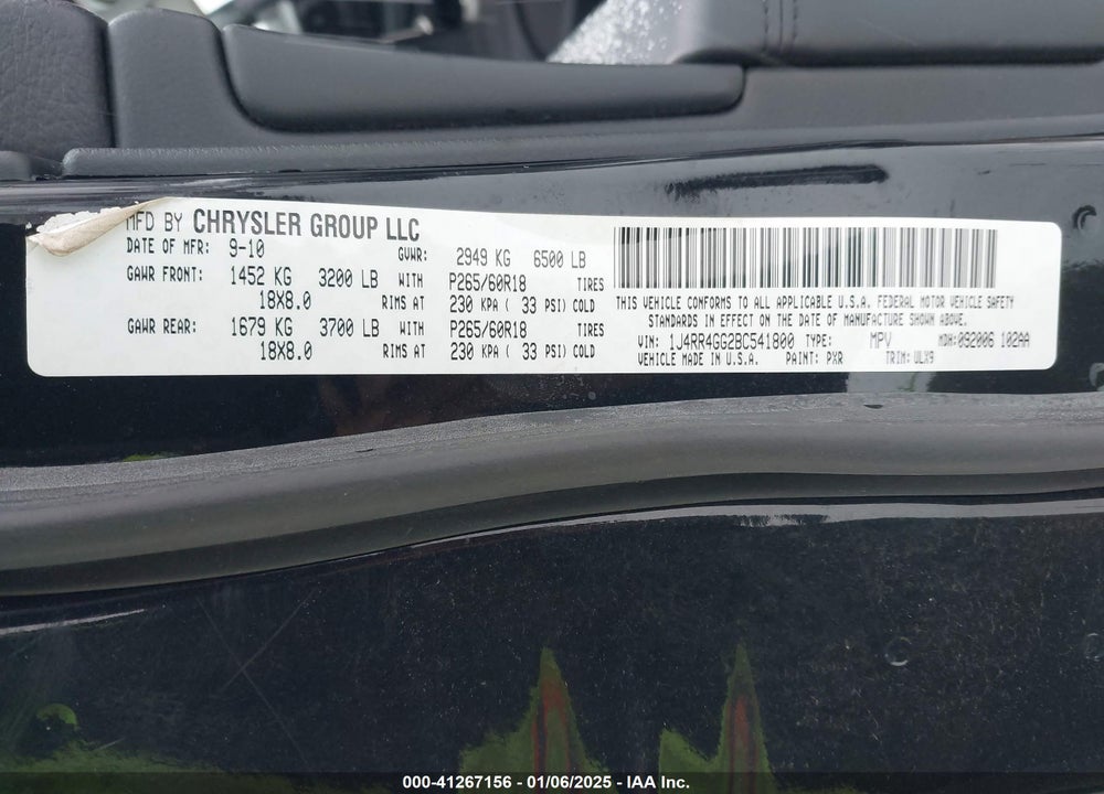 2011 JEEP GRAND CHEROKEE LAREDO VIN: 1J4RR4GG2BC541800