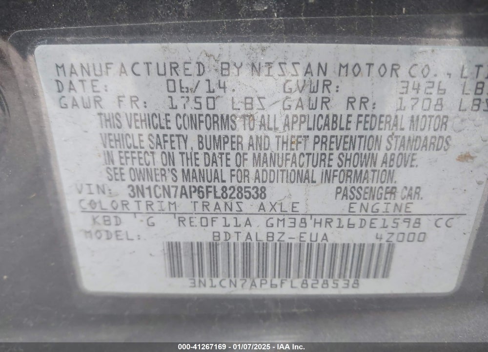 2015 NISSAN VERSA 1.6 SV VIN: 3N1CN7AP6FL828538