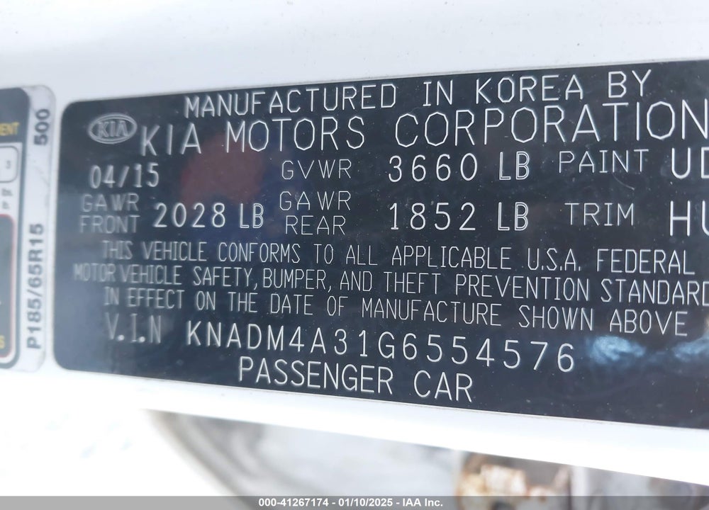 2016 KIA RIO VIN: KNADM4A31G6554576