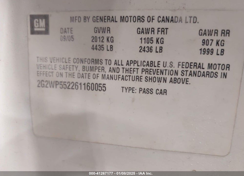 2006 PONTIAC GRAND PRIX VIN: 2G2WP552261160055