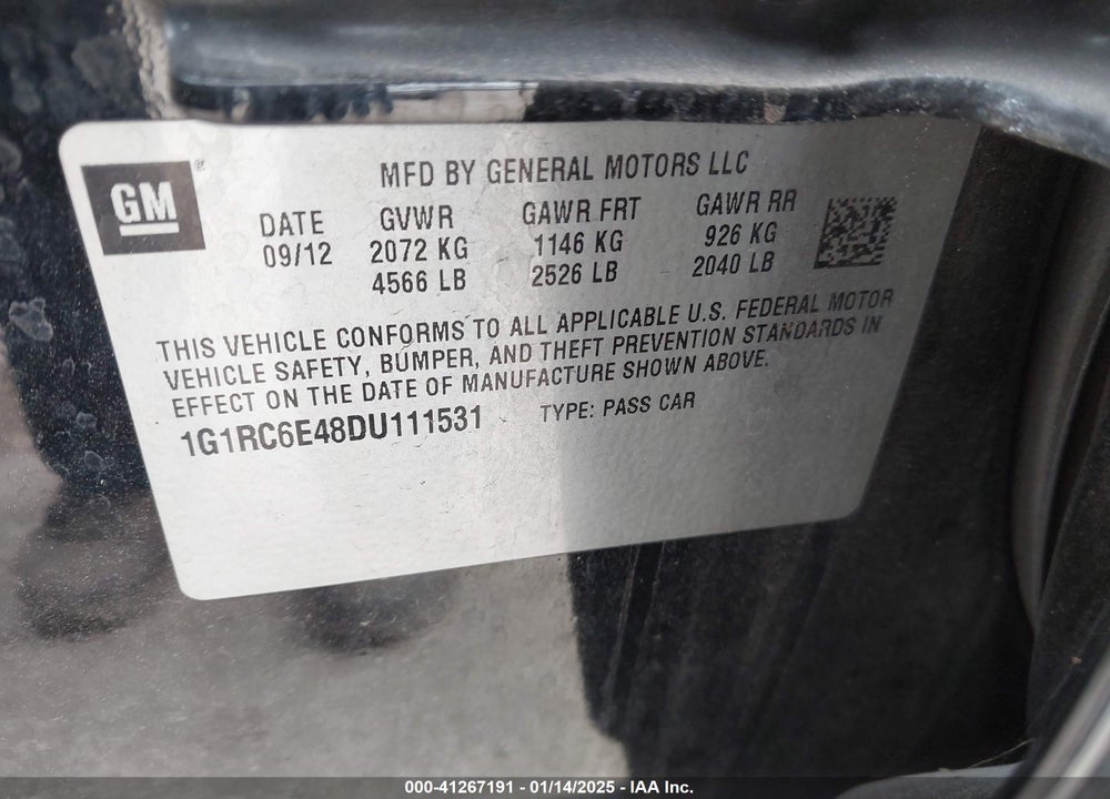 2013 CHEVROLET VOLT VIN: 1G1RC6E48DU111531