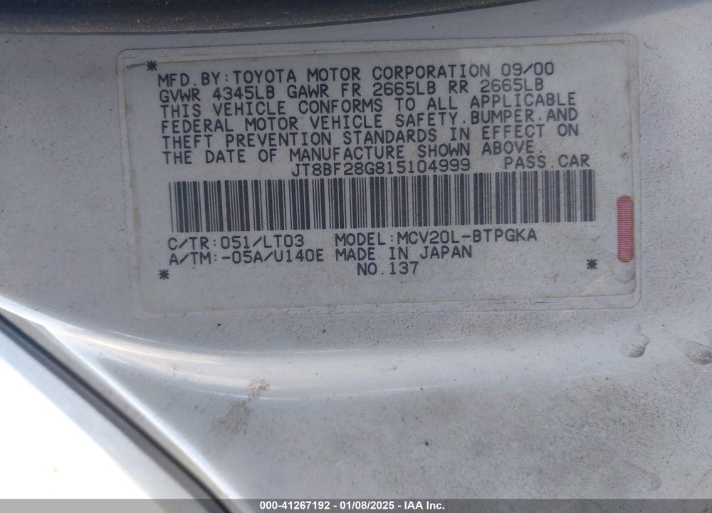 2001 LEXUS ES 300 VIN: JT8BF28G815104999