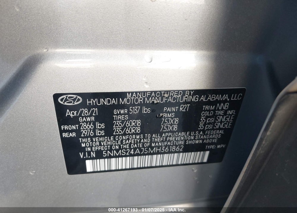 2021 HYUNDAI SANTA FE SEL VIN: 5NMS24AJ5MH361862
